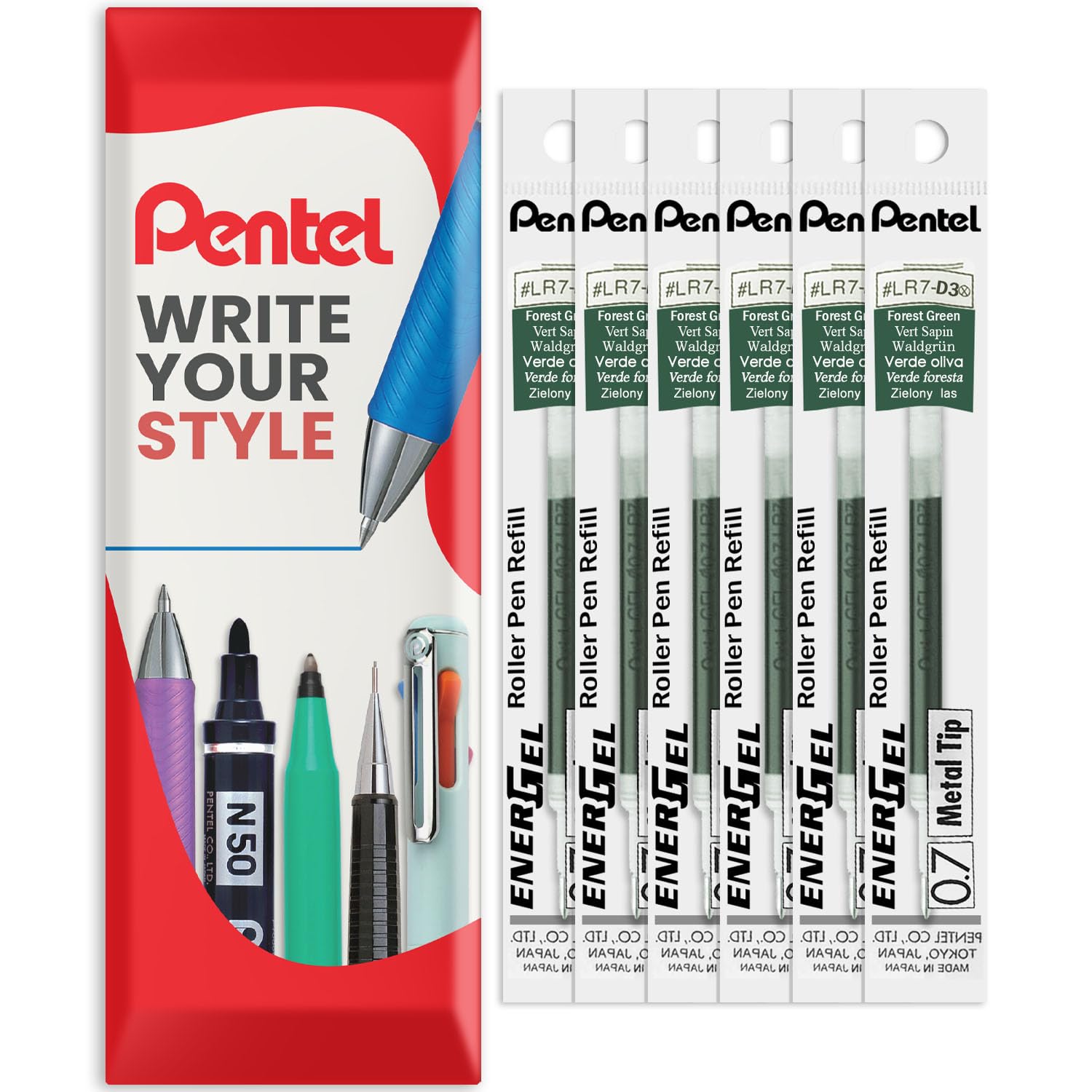 Pentel Energel 0.7mm Refill Metal Tip LR7 - BL77/BL57/BL37 Pen Refill - Pack of 6 - Forest Green