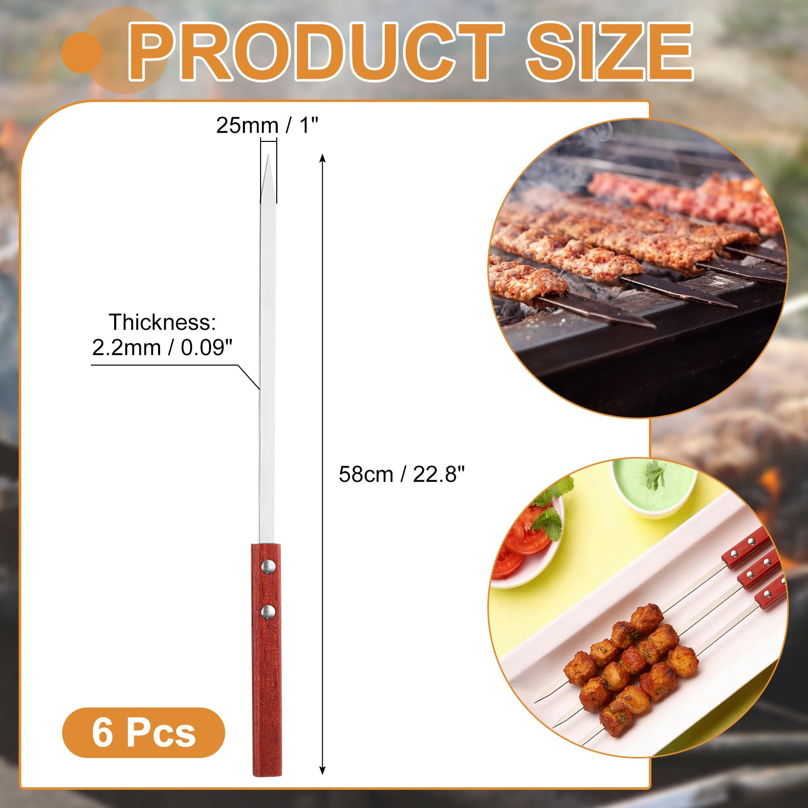 sourcing map 6 spiedini in metallo per grigliare, 57 cm, piatti in acciaio inox, con manico in legno, durevoli, riutilizzabili, per grigliare, barbecue, cucina, picnic, feste, argento