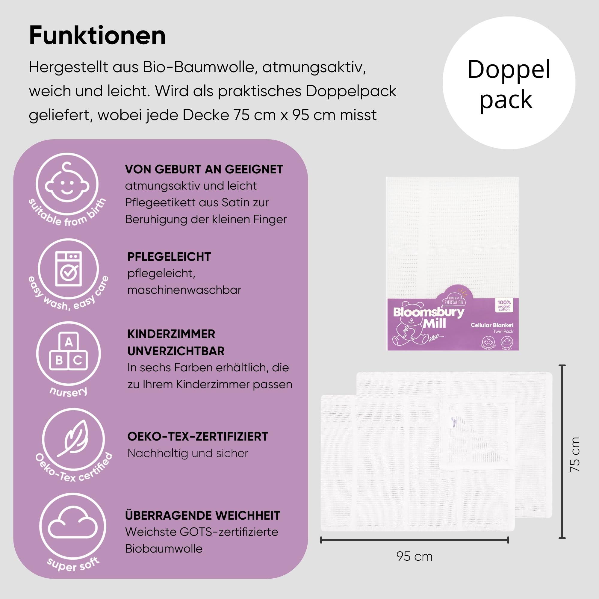 Bloomsbury Mill – Doppelpack – 100% Reine Bio-Baumwolle – Besonders Weiche Babydecke/Kuscheldecke – 75cm x 95cm - Kinderwagen/Reisekorb/Tragekorb - Weiß