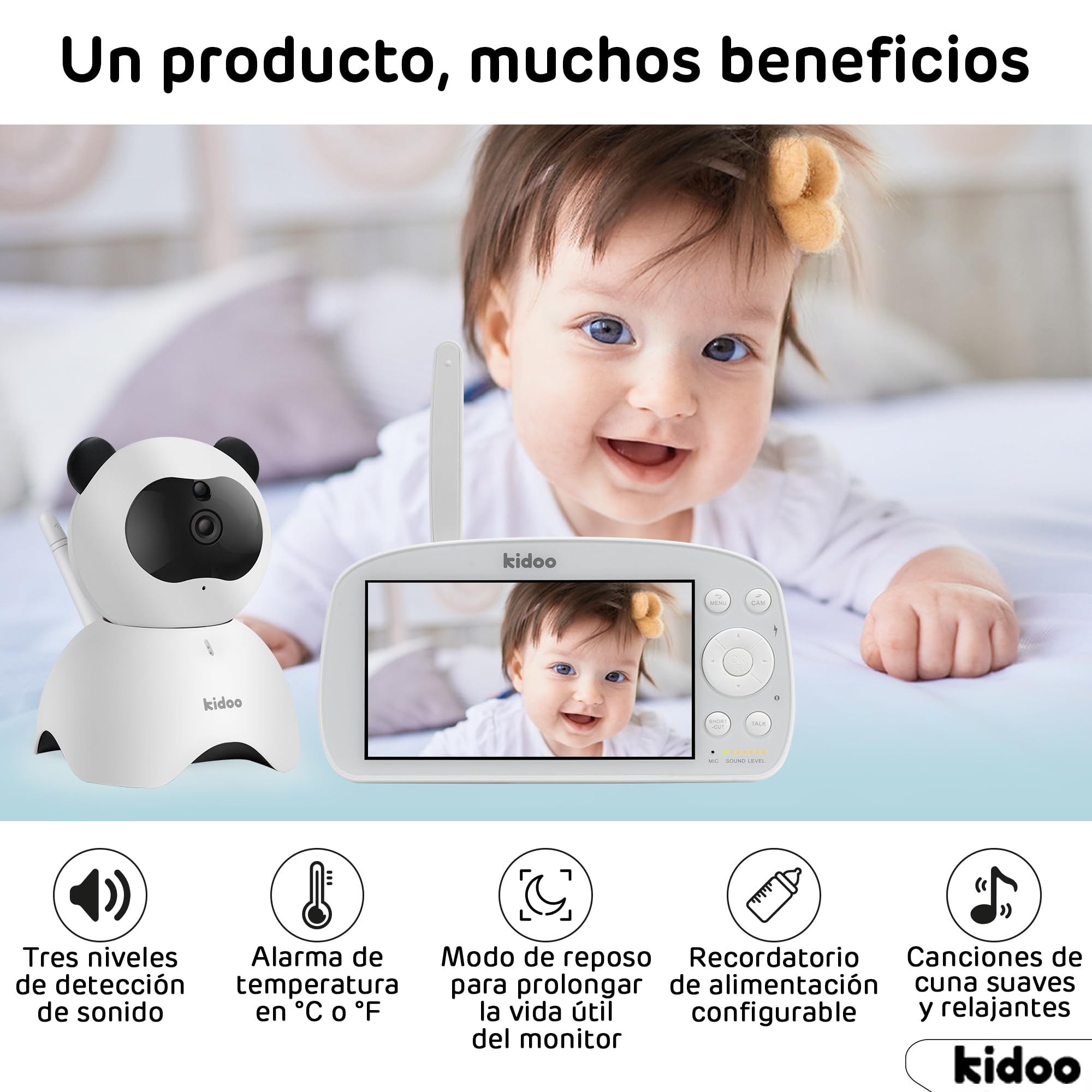 kidoo - Vigilabebés con Cámara y Audio, Monitor con Pantalla 720p HD de 5.5", Inteligencia VOX, Zoom x4, Visión Nocturna, Comunicación Bidireccional, Sensor de Temperatura y Alarma de Alimentación
