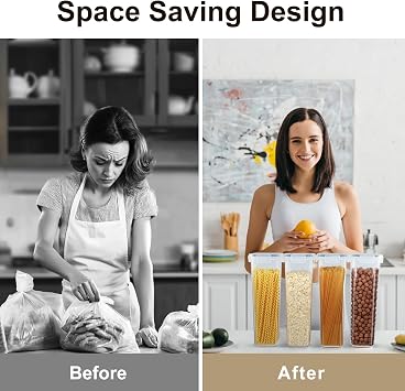 Cereal Storage Container Sets Airtight Dry Food Dispenser Containers Stackable Kitchen Storage Boxes Plastic Pantry Organization with Lock Lids Leakproof for Flour Sugar Pasta (4pcs, 2.8L)