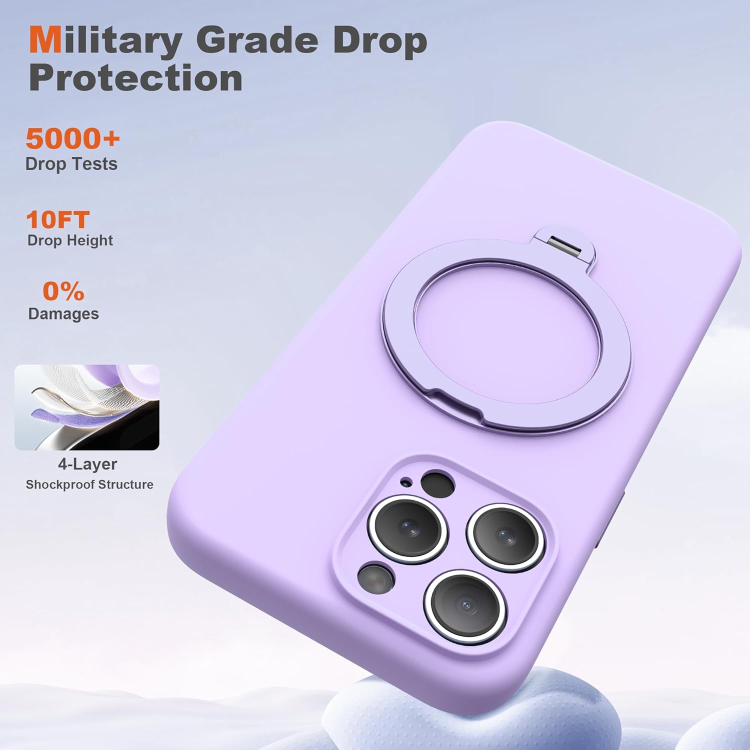 Compatible with iPhone 15 Pro Case 6.1'' with 360 Spin Magnetic Ring Stand[Compatible with Mag-Safe] Soft Liquid Silicone 15 Pro Case for Men Women,Puple Light Purple