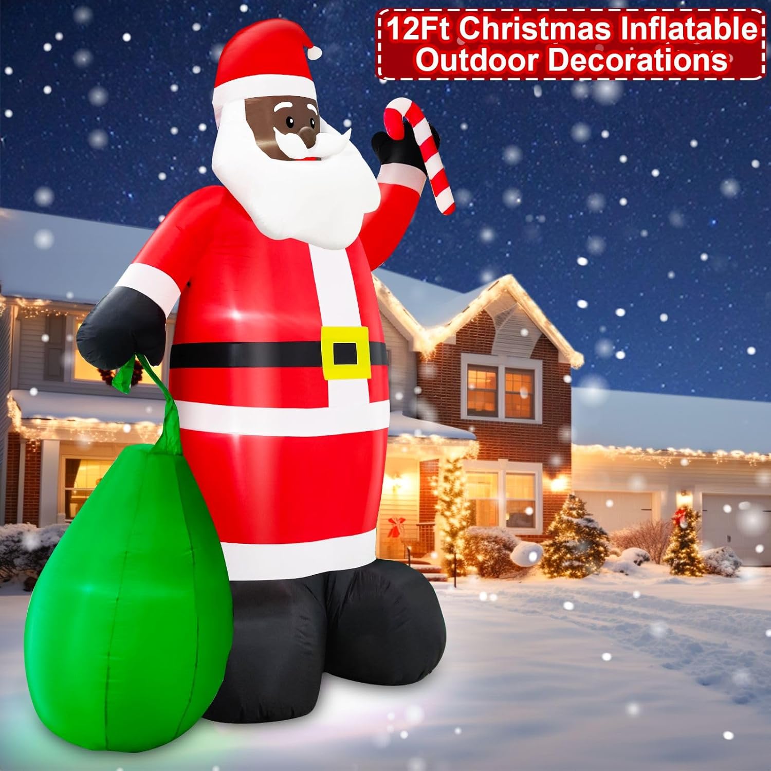 12 Ft by 7.5 Ft Giant Black Santa Christmas Inflatable Outdoor Decoration, Santa Claus Blow Up Inflatable with Candy Cane Gift Bag, Black Christmas Yard Decor Built-in LED Light for Xmas Lawn Garden - Image 2