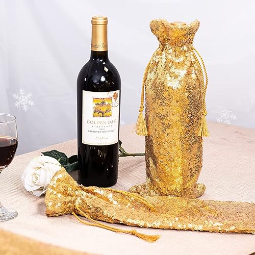 Miniatura 4 de Eternal Beauty 4 bolsas de regalo de vino con cordón, bolsa de regalo de botella de vino de lentejuelas para bodas de cumpleaños (14 x 6 pulgadas,