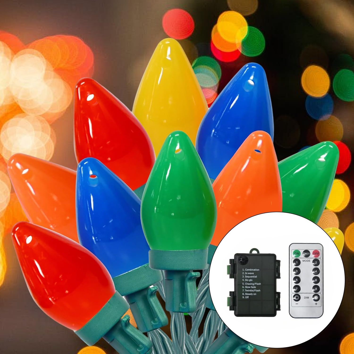 Photo 1 of 100LED C7 Christmas Lights Battery Operated Outdoor with 8 Mode Remote Control, 2 Sets 27.5FT 50 Twinkle Big Christmas Lights for Colored Xmas Tree, Home Garden Patio Decorations