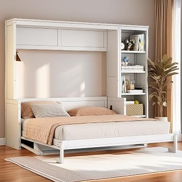 LUMISOL Queen Size Murphy Bed with Desk and Bookcase Wall Bed with Storage, Solid Wood Horizontal Murphy Bed with Desk, White