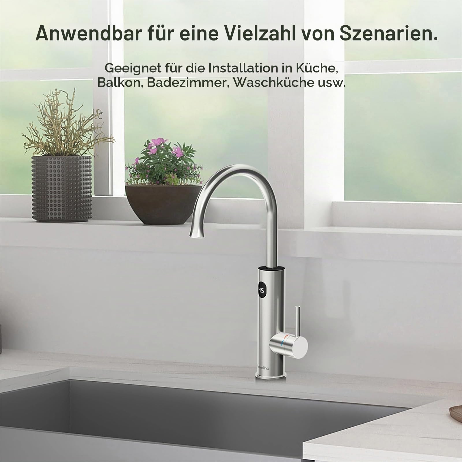 Edelstahl Heiß wasserhahn mit Digitalanzeige, 360 Grad Drehbarer Durchlauferhitzer Wasserhahn, Schnellheiz Wasserhahn, Elektrischer Wasserhahn (Silber)
