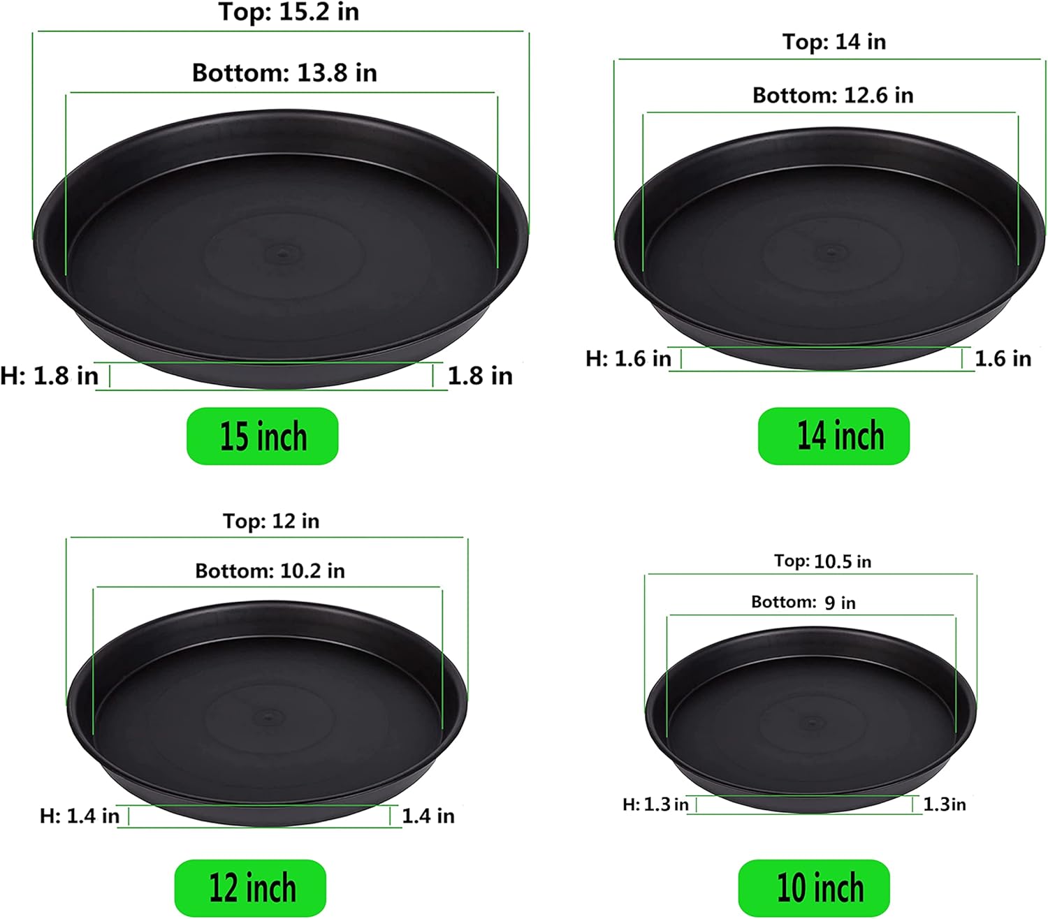 8 Pack 10Inch 12Inch 14Inch 15 Inch Plant Saucer Plastic Plant Saucer Drip Trays Plant Saucers for Indoors Outdoor Plant (10+12+14+15 inch) Black