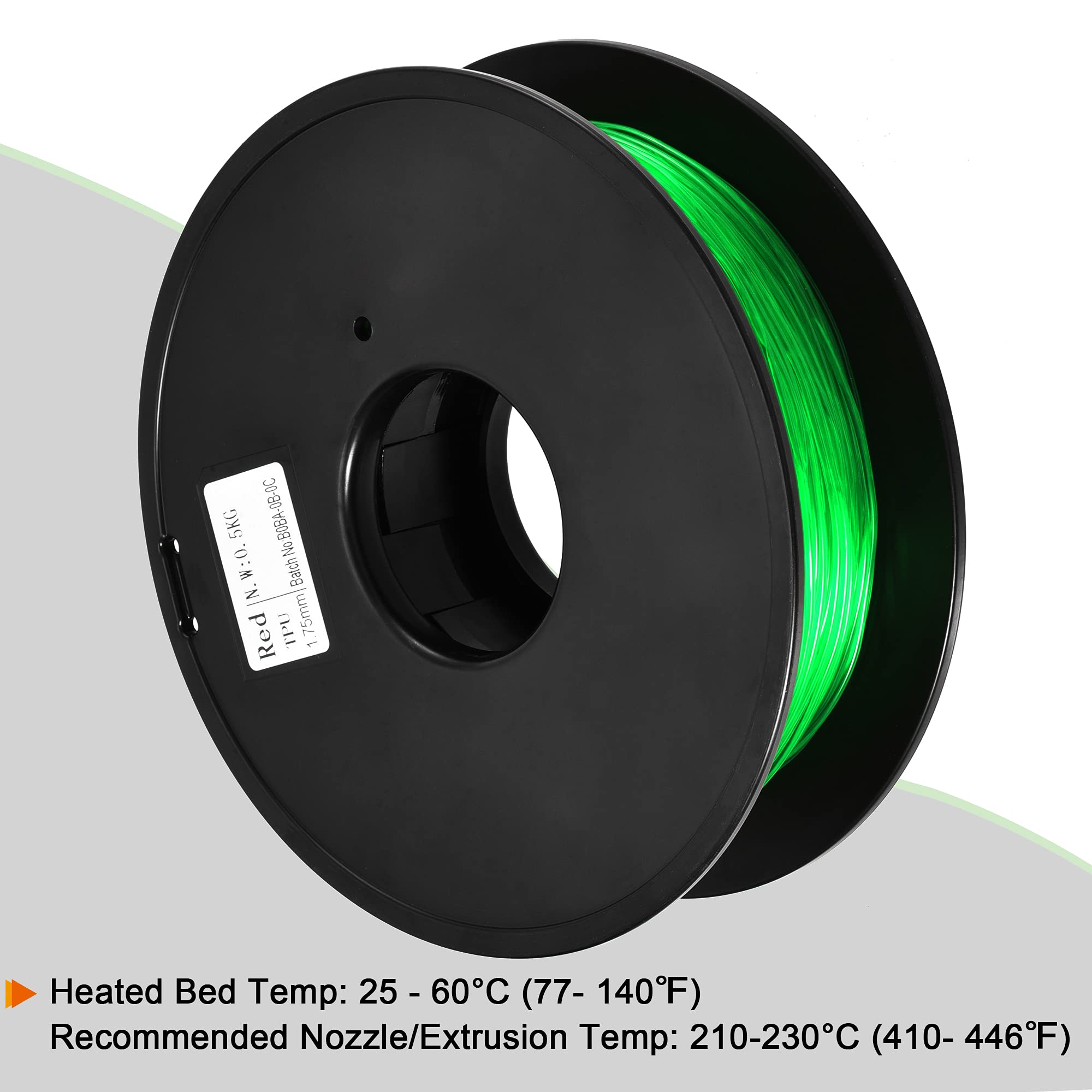 sourcing map Filamento TPU para Impresora 3D, 1,75 mm Diameter, Precisión Dimensional +/- 0,05 mm, Peso 0,5KG, Verde