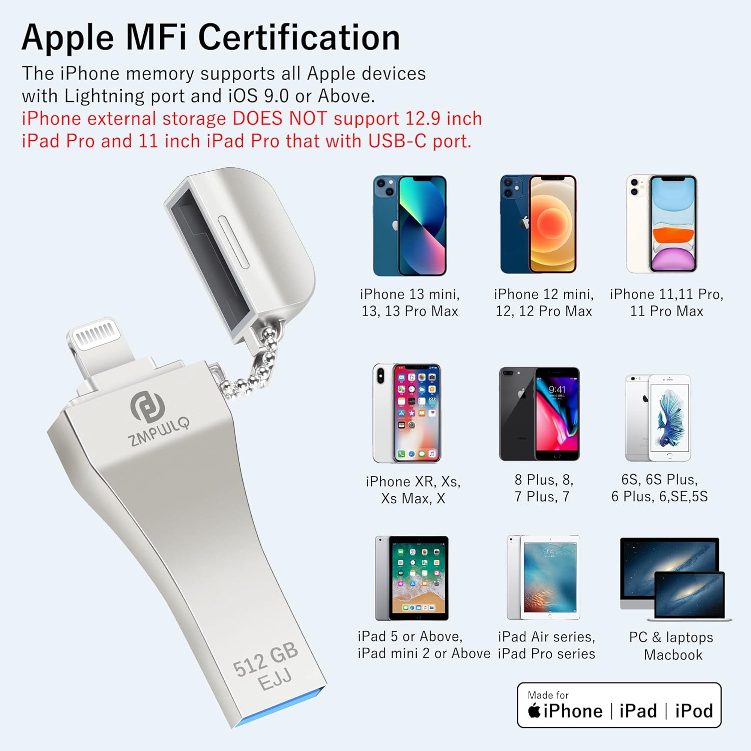 Exclusive Special iOS MFi Certified 512GB Photo-Stick for iPhone Backup USB-Flash-Drive iPad-Photos External-Storage USB-Thumb Drive-iPhone Picture Download iPad Data Store Device Memory Stick for iPhone/iPad/PC 1PCS