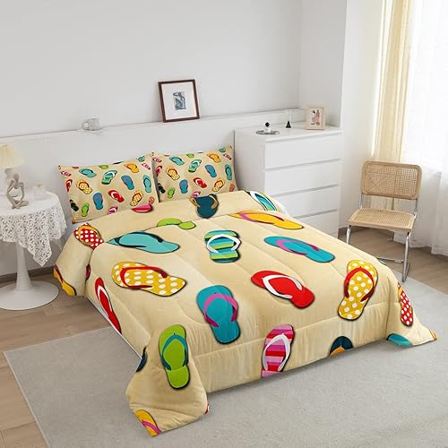 Miniatura 2 de Erosebridal Juego de ropa de cama con temática costera de playa, juego de edredón con patrón de chanclas, relleno de edredón de verano oceánico,
