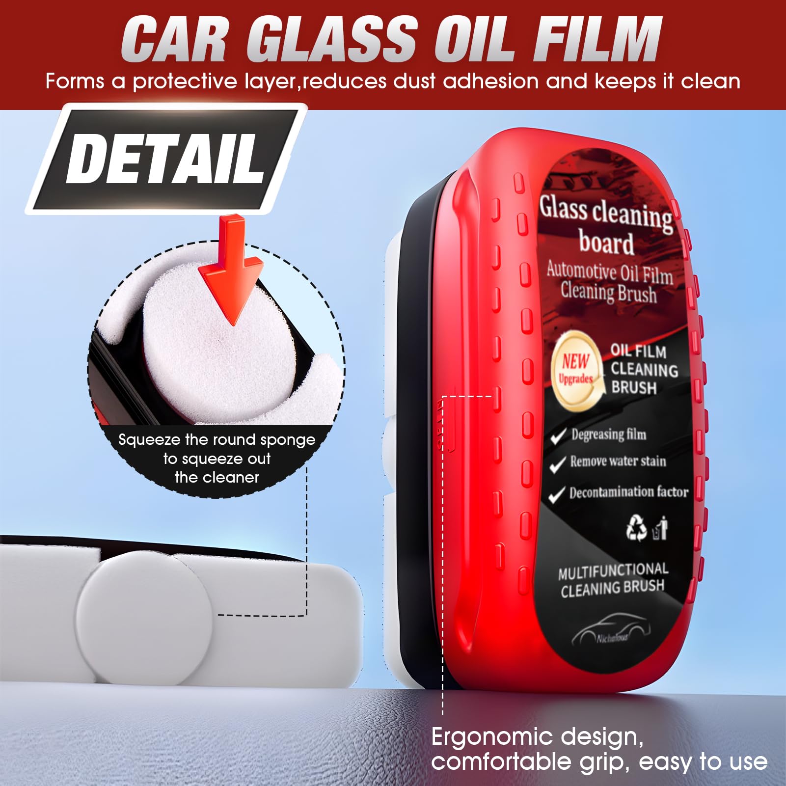 ALLONY Glass Cleaning Board, 120ml Clear view Parebrise, Nettoyant Pare Brise Voiture, Film Oléophobe pour Vitres D'automobiles, Nettoyant Vitre Voiture y 100ml Recharges