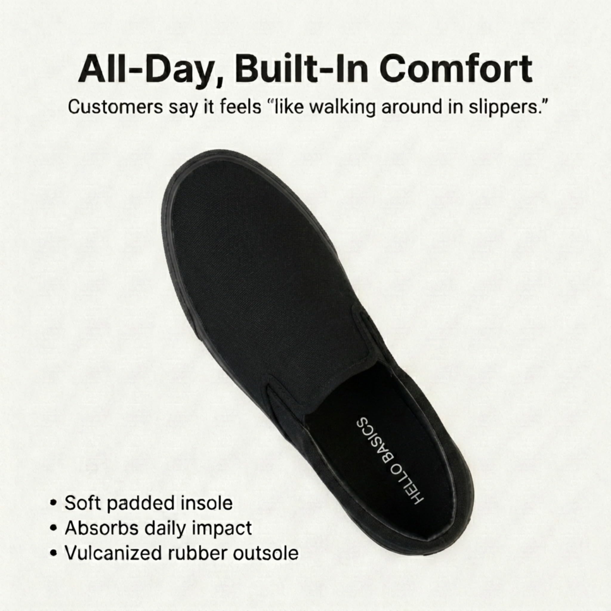 hello basics Men's Canvas Slip On Shoes for Men, Laceless Low Top Sneakers Mens Slip On Sneakers (All Black, 11)