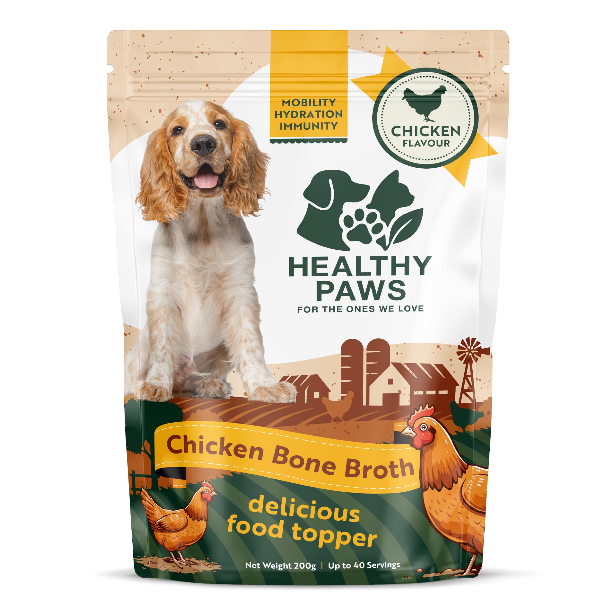 Chicken Bone Broth Delicious Food Topper Powder for Dogs and Cats, Collagen-Rich, Joint and Gut Support, High Protein Gravy, Support Mobility, Hydration, Immunity - 200g, up to 40 Servings