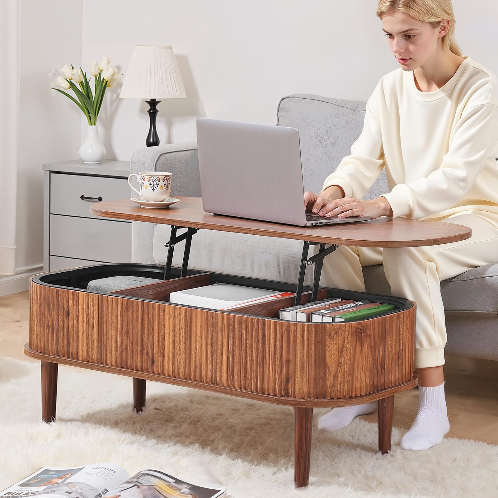 VEVOR Couchtisch Höhenverstellbar 1000x480x405-545 mm, Wohnzimmertisch mit Stauraum, Ausziehbarer Kaffeetisch im Mid-Century-Stil aus MDF, Hubtischplatte für Zuhause & Büro, Walnussfarbe