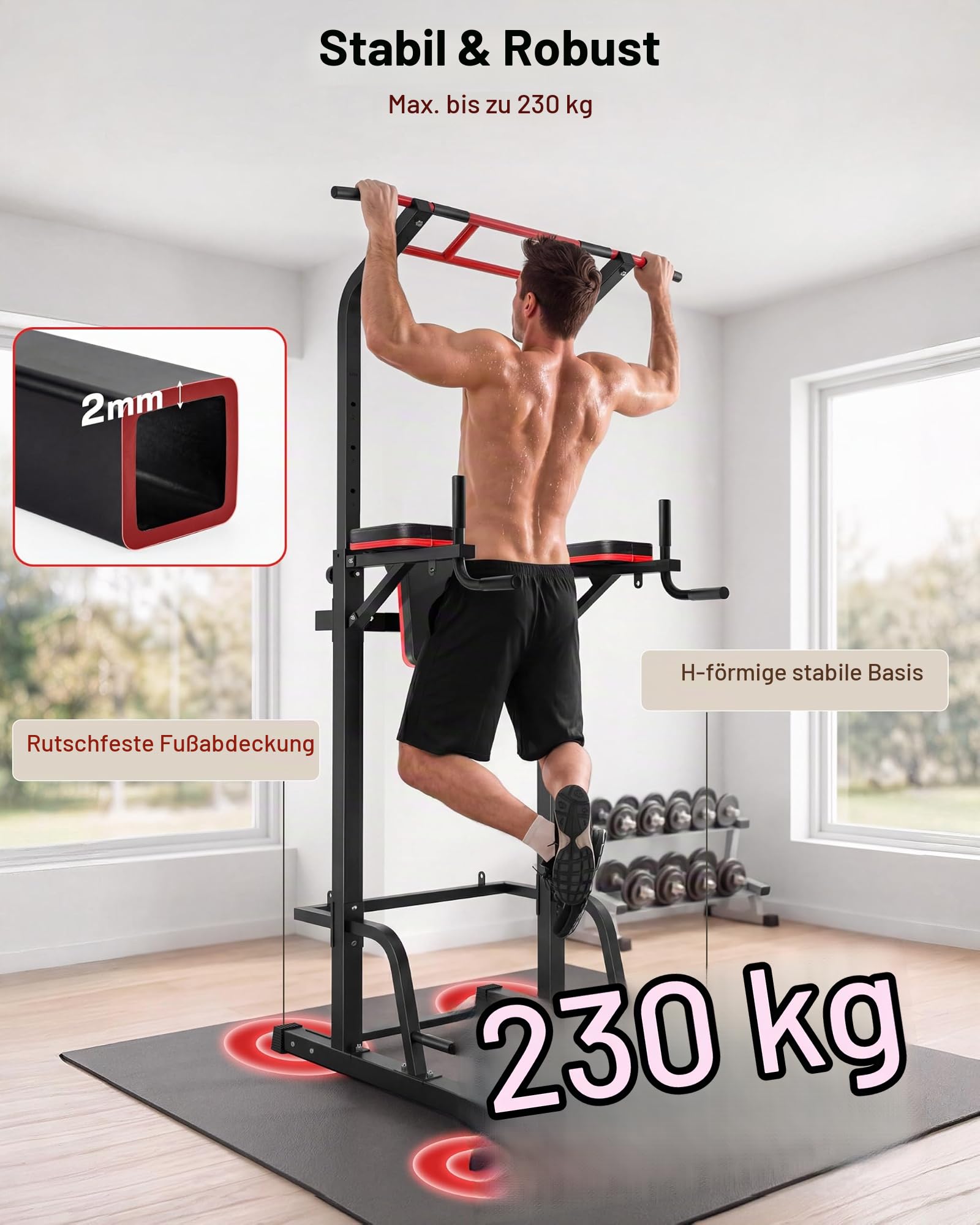 Power Tower Dip Station, Klimmzugstange Freistehend, Höhenverstellbare Krafttrainingsstation, Fitness Station, Pull Up Bar for Home Gym, Krafttraining für Zuhause, Ladekapazität bis zu 230 KG