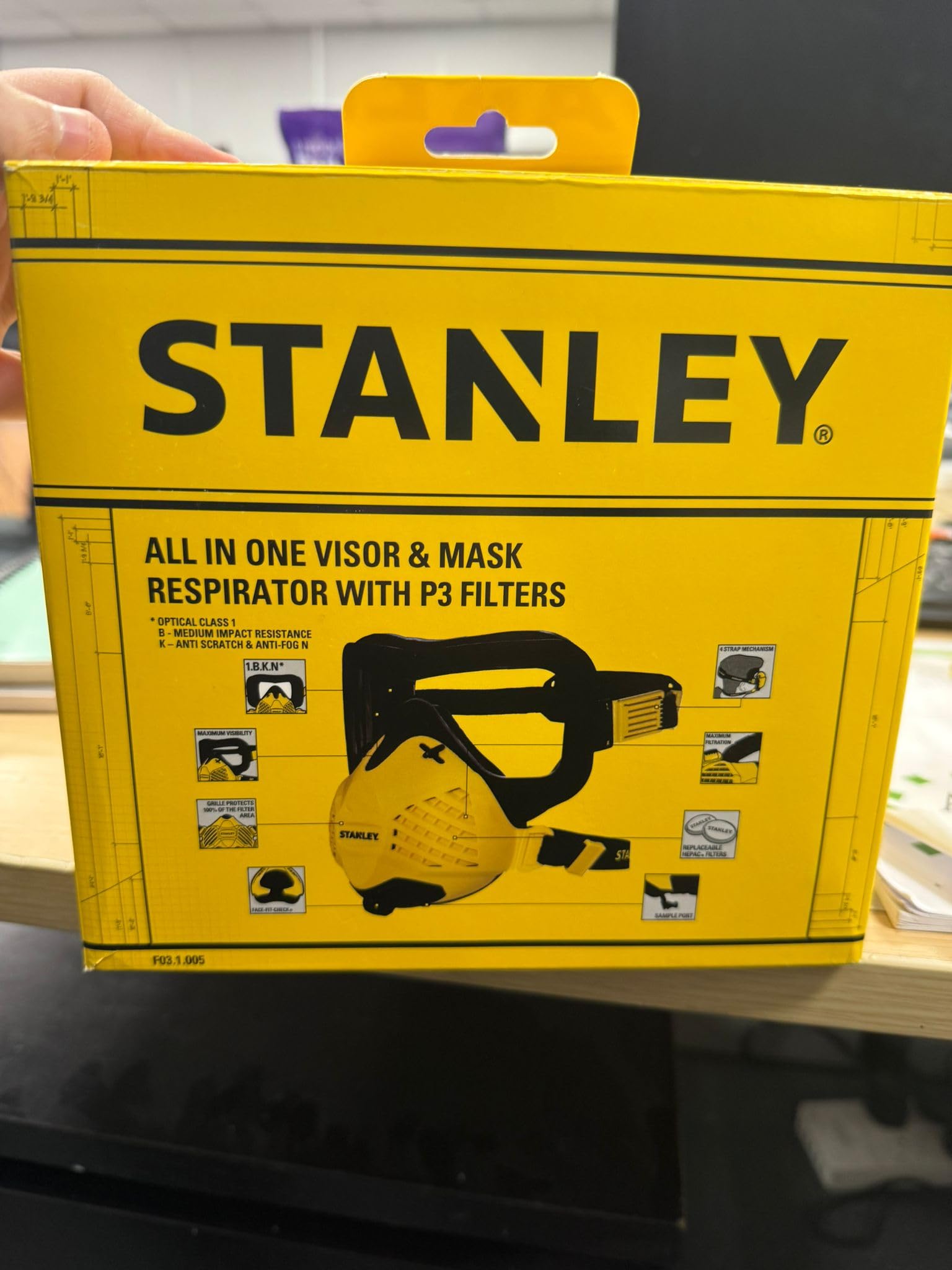 Stanley Technologia Combo-Visor Fit-Check i maksymalna 99,99% -P3 dopasowane filtry w zestawie gogle i do prac budowlanych, cienka maska piaskowa z oddychaniem, żółta, unisex, Żółty, Visor and Dust