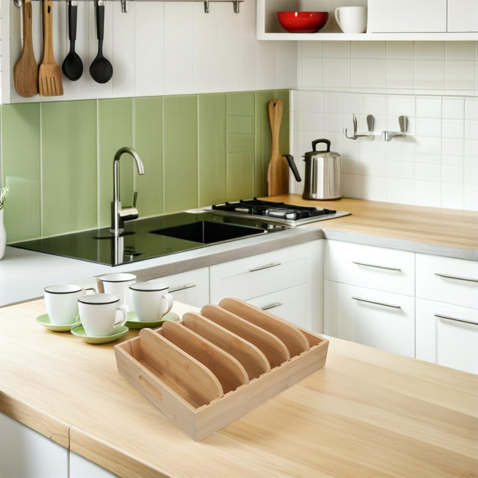 Organizer per Alimenti in Bambù con 5 Divisori Regolabili e 6 Scomparti, Contenitore per Coperchi da Cucina con Maniglie Ergonomiche, Supporto per Cassetti Dispensa e Piano