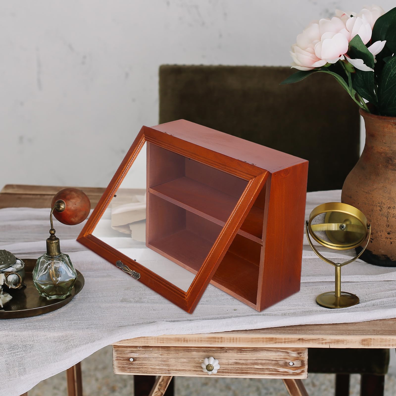 Expositor de Colecciones en Madera Maciza Acabado Envejecido, Vitrina Pequeña para Escritorio Puerta de Acrílico Adecuado para Almacenamiento y Organización de Objetos