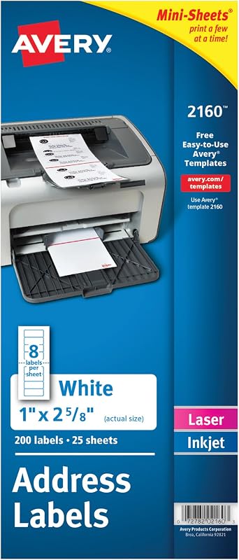 Avery Printable Mini-Sheets Address Labels, 1" x 2-5/8", White, Permanent Adhesive, Laser/Inkjet Compatible, 200 Blank Stickers Total, Great for Printing a Few Labels at a Time (2160)