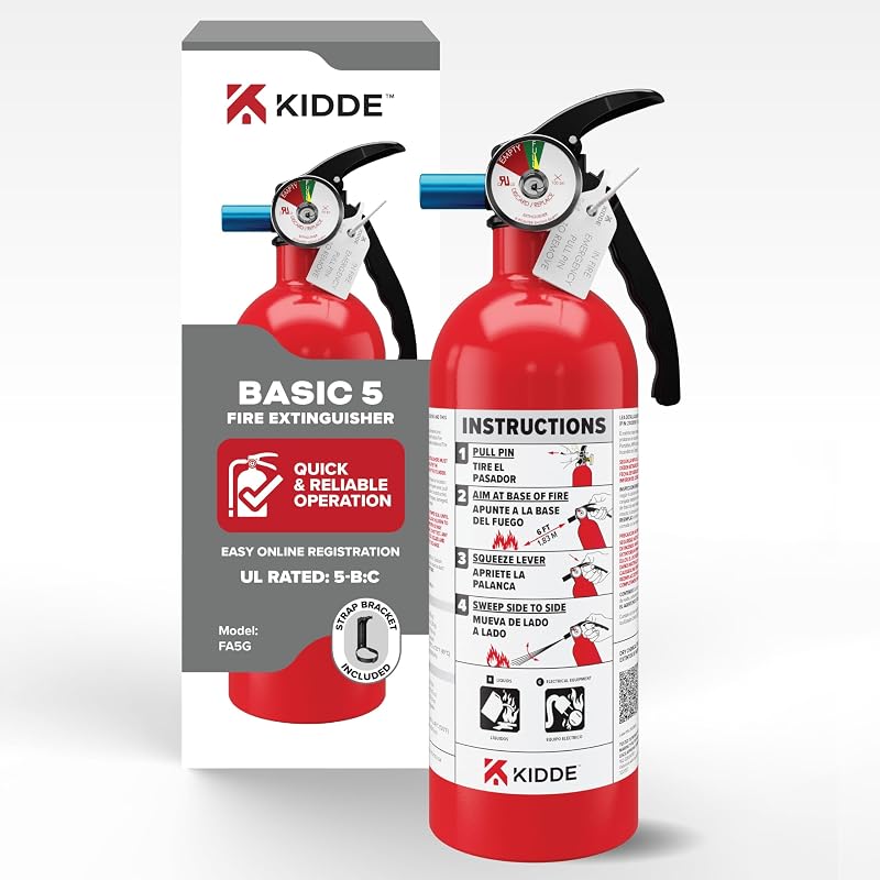 Extintor de incendios Kidde Basic 5 para el hogar, 5-B:C, FA5G | Extintor de incendios residencial para incendios de equipos eléctricos y líquidos inflamables muy pequeños, 2 lb. de químico seco