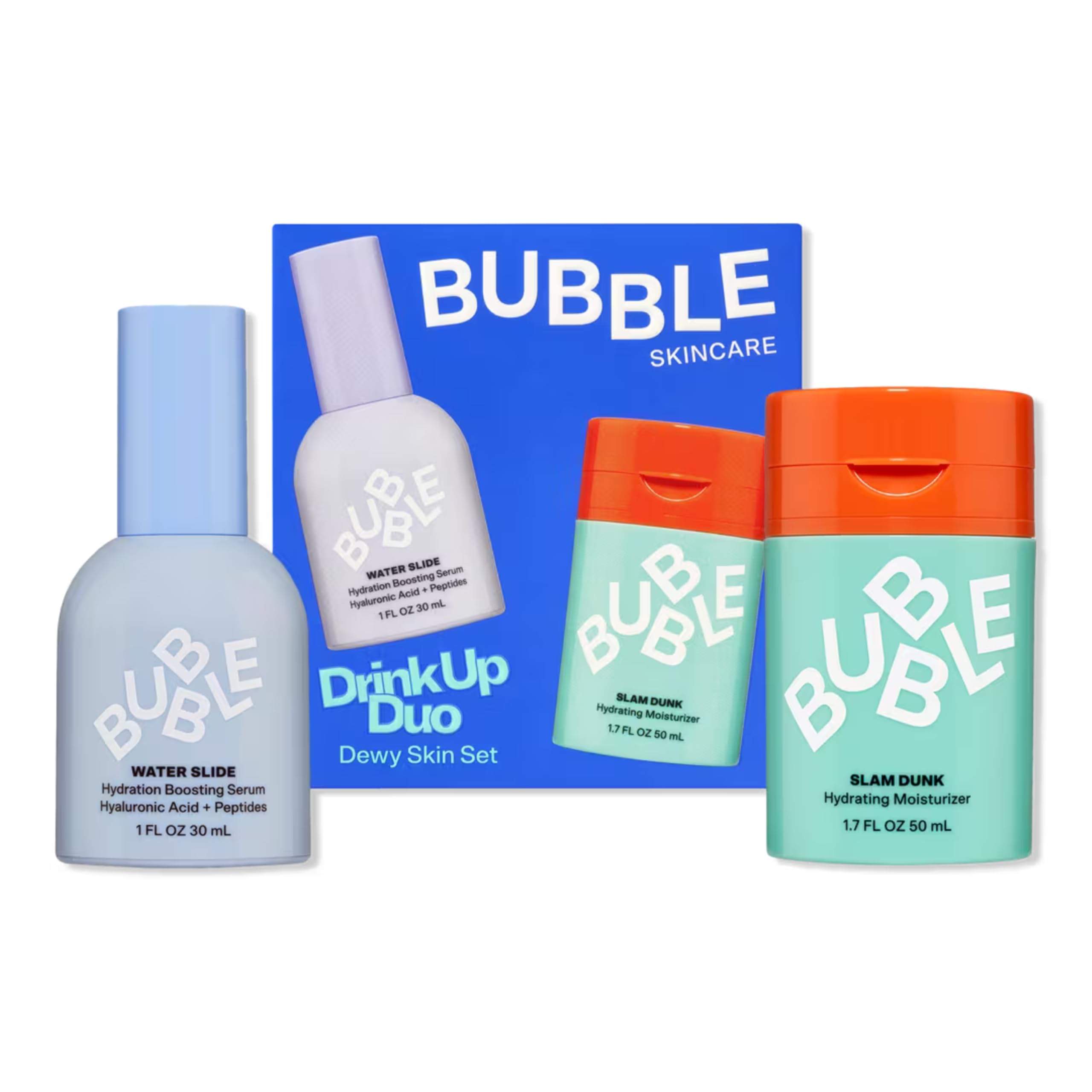 Bubble Skincare Drink Up Duo Dewy Skin Care Set - Travel Size Gift Set Includes Water Slide Hyaluronic Acid Serum & Slam Dunk Face Moisturizer -