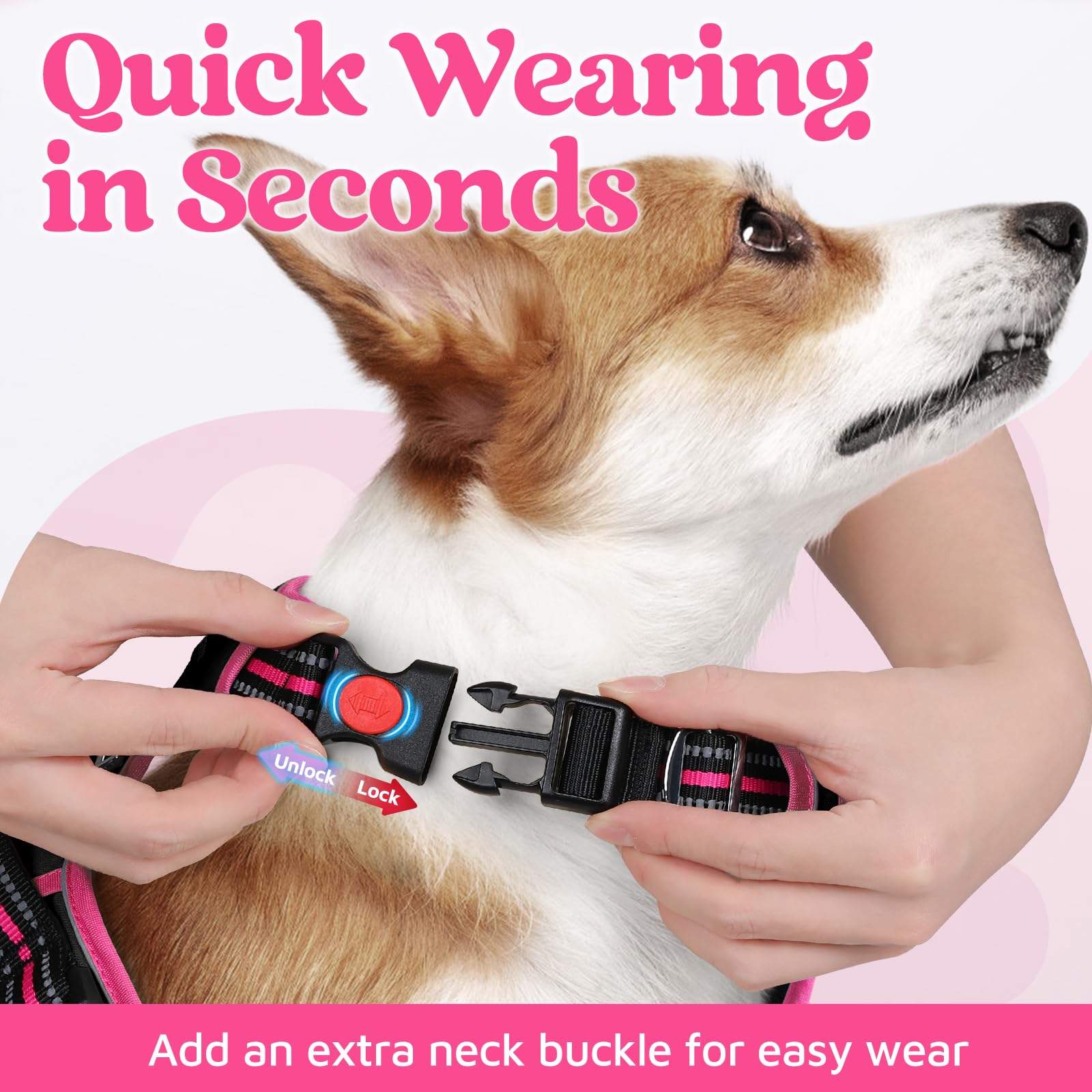 rabbitgoo Harnais pour chien de grande taille, anti-traction, 3 boucles, facile à mettre et à enlever | Rembourrage doux, poignée de contrôle, réglable et réfléchissant, noir et rose, taille XL