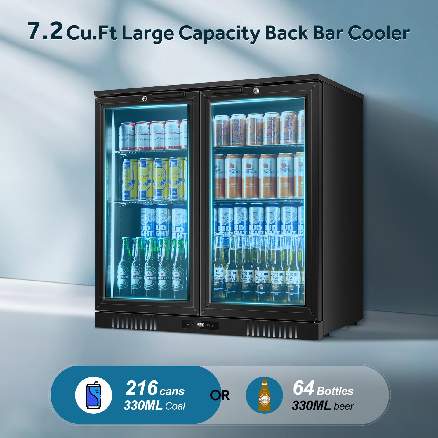 Tylza Back Bar Cooler With 2 Glass Doors, 7.2 Cu.Ft Under Counter Back Bar Refrigerator With LED Lighting, Safety Locks, Counter Height Bar Beverage Cooler For Beer, Soda Drinks, Wine, Black on Fridge.com - View 2