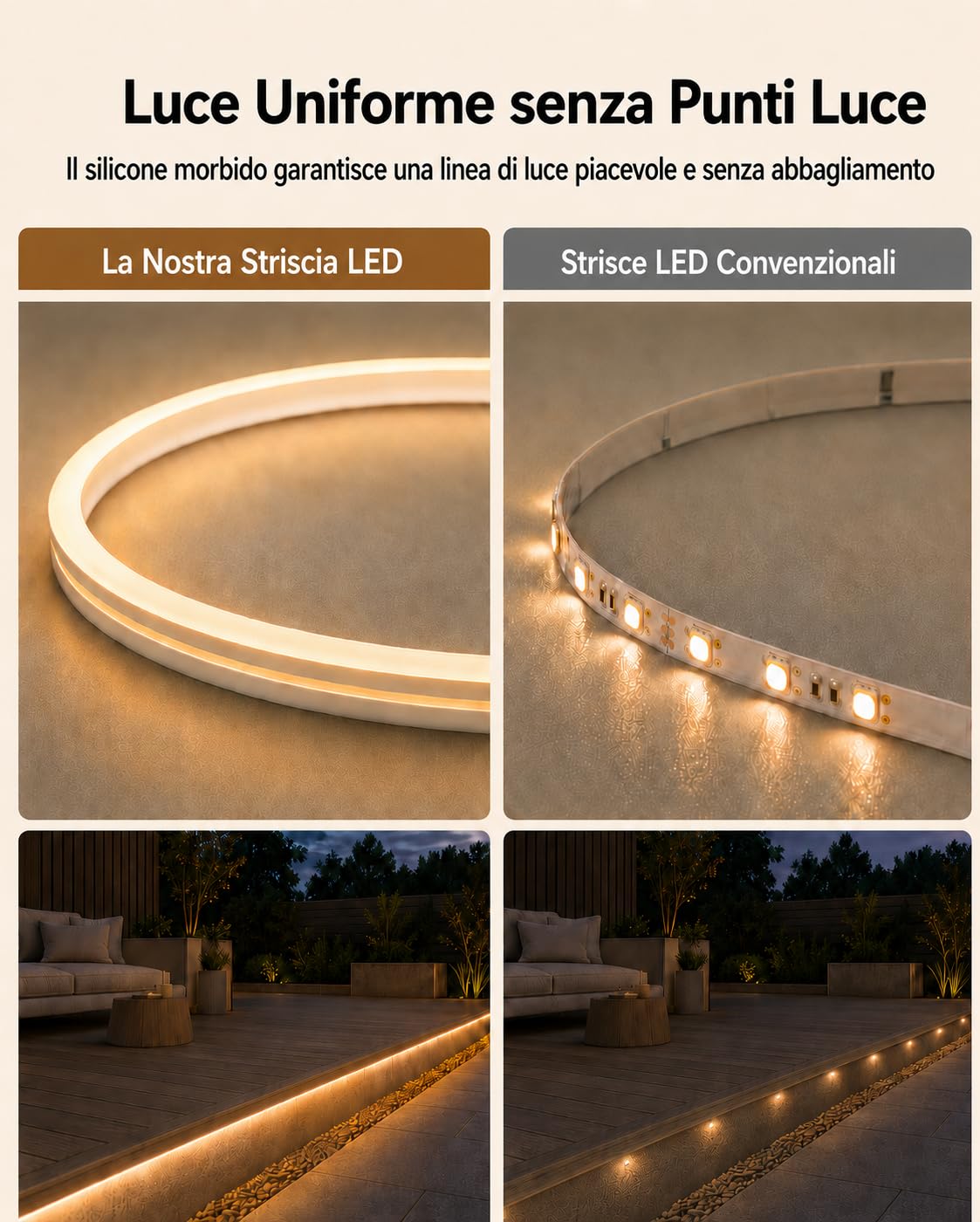 Meevt Striscia LED Neon 15M, 24V Strisce LED Bianco Caldo 3000K Esterno | 120LEDs/m, IP65, Silicone Flessibile, Dimmer Rotativo, Pieghevole a 360°, Luci LED Terrazza Giardino Recinzione Esterno