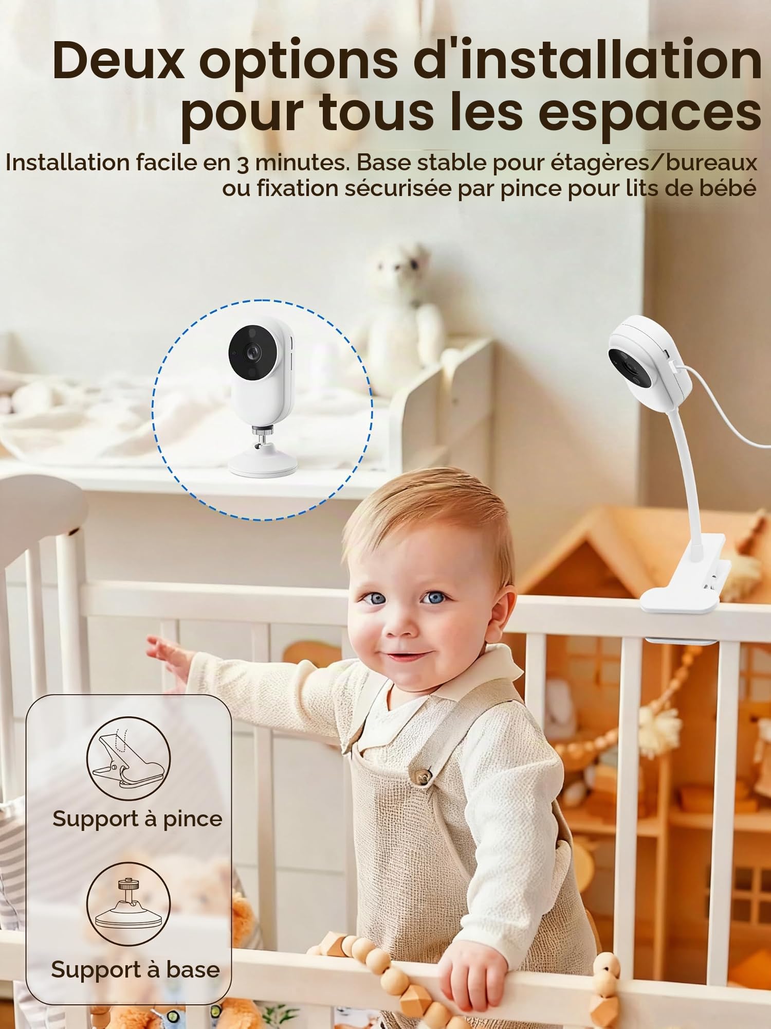 NUOTUN Babyphone Camera avec Clip et Support pour Lit, 1080P Camera Bebe Surveillance sans WiFi, Vision Nocturne （63-UK）