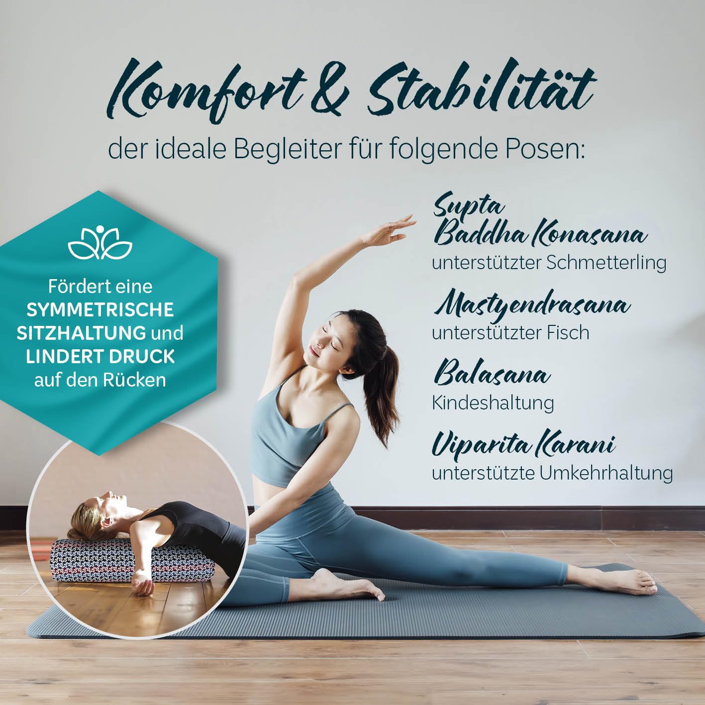 #DoYourYoga Zylinder Yogabolster | 68cm x 22cm | Gefüllt mit Bio-Dinkelspelz oder Bio-Buchweizenschalen (KBA) | Waschbarer Bezug | Yogakissen & Meditationssitz | Zafukissen für Yin Yoga
