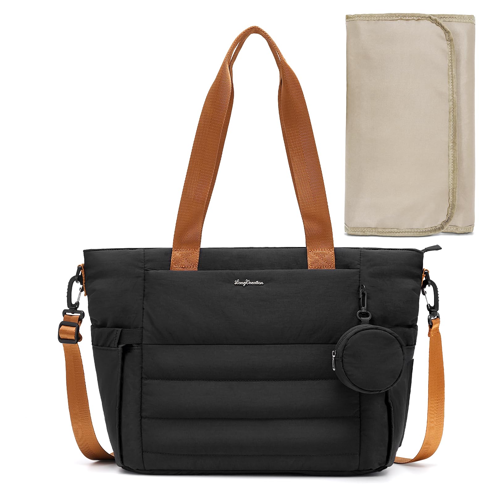 LONG VACATION Diaper Bag Large Baby Diaper Tote Waterproof Travel Tote with Pacifier Case And Changing Pad (Black-brown)