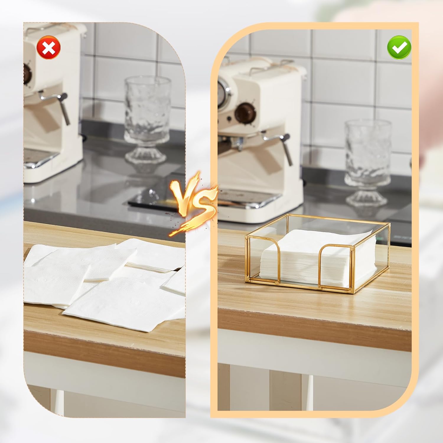 LemonRoad 4 Pcs Square Gold Napkin Holder for Table 5.7 x 5.7 Inch Decorative Cocktail Napkin Holder Glass Flat Paper Basket for Kitchen Dining Buffet Bar Counter Wedding Party Restaurant Bar Hotel