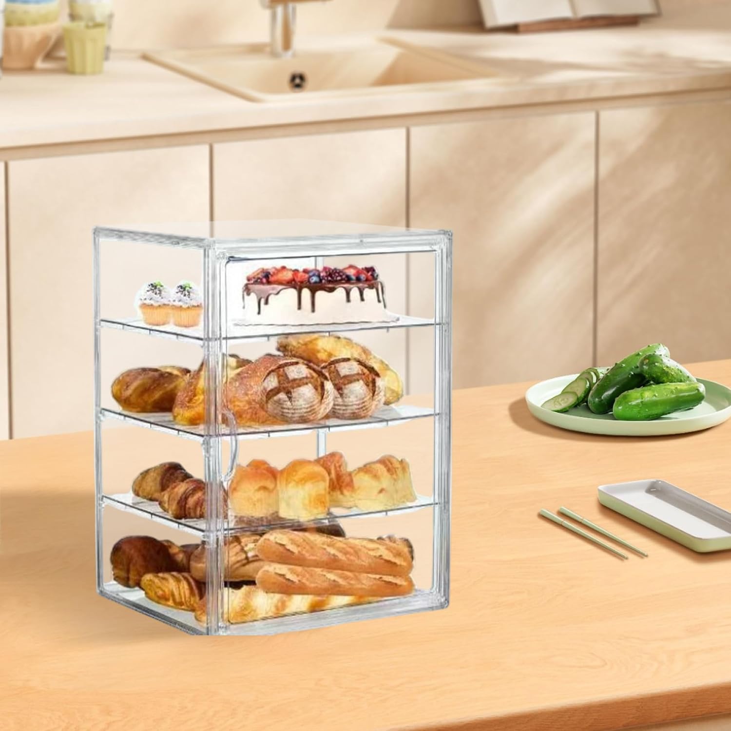 Pastry Display Case, 4 Layers Clear Bread Box, Bread Box for Kitchen Countertop, Cookie Stand with Removable Dividers for Kitchen Bakeries, 16x12x10in