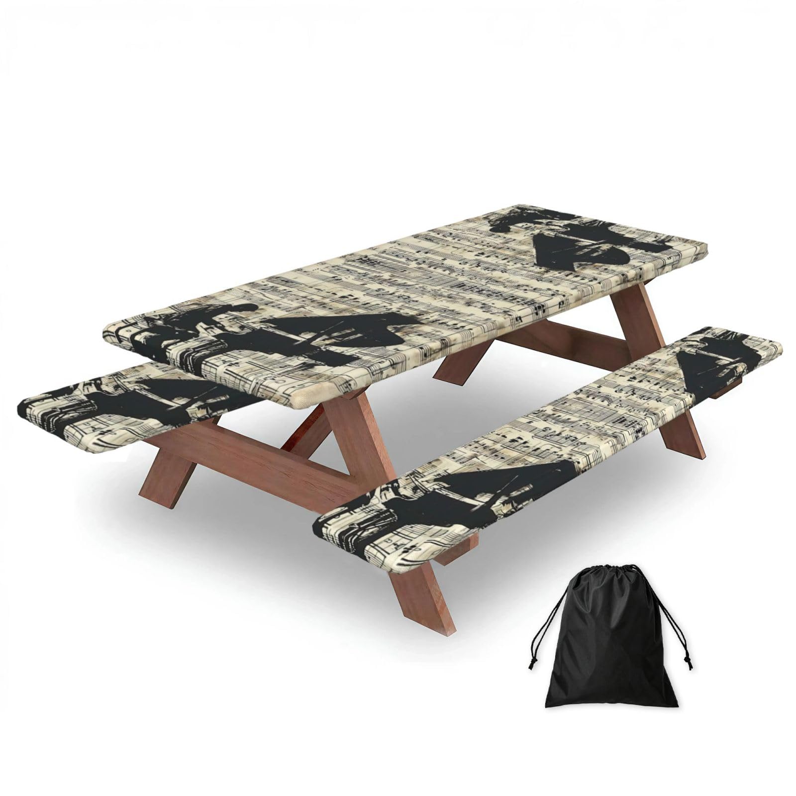 Zyjhyy Black Sheet Music Print 3 Pack Wipeable Picnic Bench Cover And Table Cover Lightweight Table Cloth For Camping Outdoor