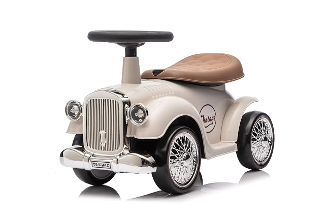 Baroni Toys Correpasillos Vintage para Niños de 12 a 36 Meses, Coche Bebé con Bocina de Aire, Compartimento de Almacenaje, Volante y Ruedas Estables para Aprender a Caminar, 25x59x35 cm (Blanco)