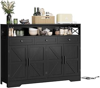 Farmhouse Buffet Sideboard Cabinet with Charging Station, 3 Drawers & 4 Barn Doors, 51" Wood Coffee Bar Cupboard Kitchen Storage Pantry Cabinet for Kitchen, Dining Room, Living Room