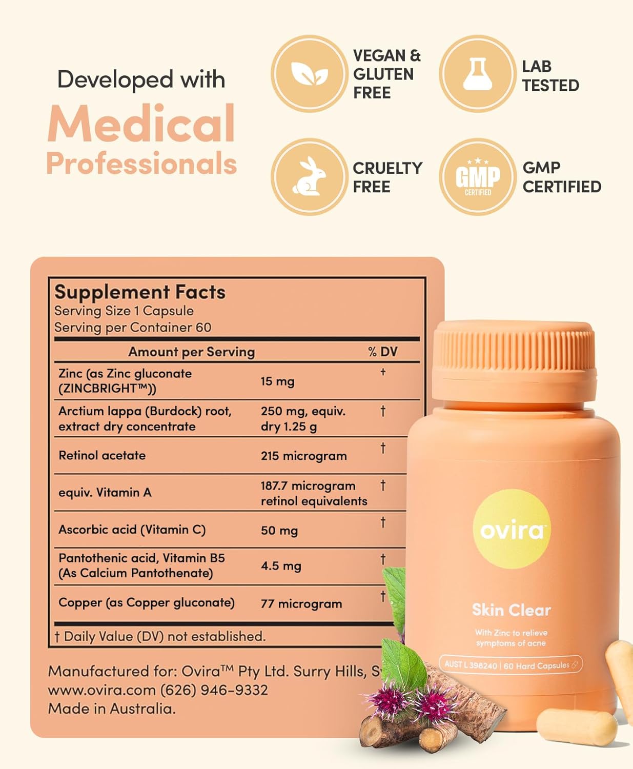 Ovira Skin Clear with ZINCBRIGHT - 60 Capsules for Clear & Glowing Skin | Rosacea & Hormonal Acne Treatment with Vitamin C | Support Collagen Production | Acne Supplements for Women & Men - Pack of 1 - Image 2