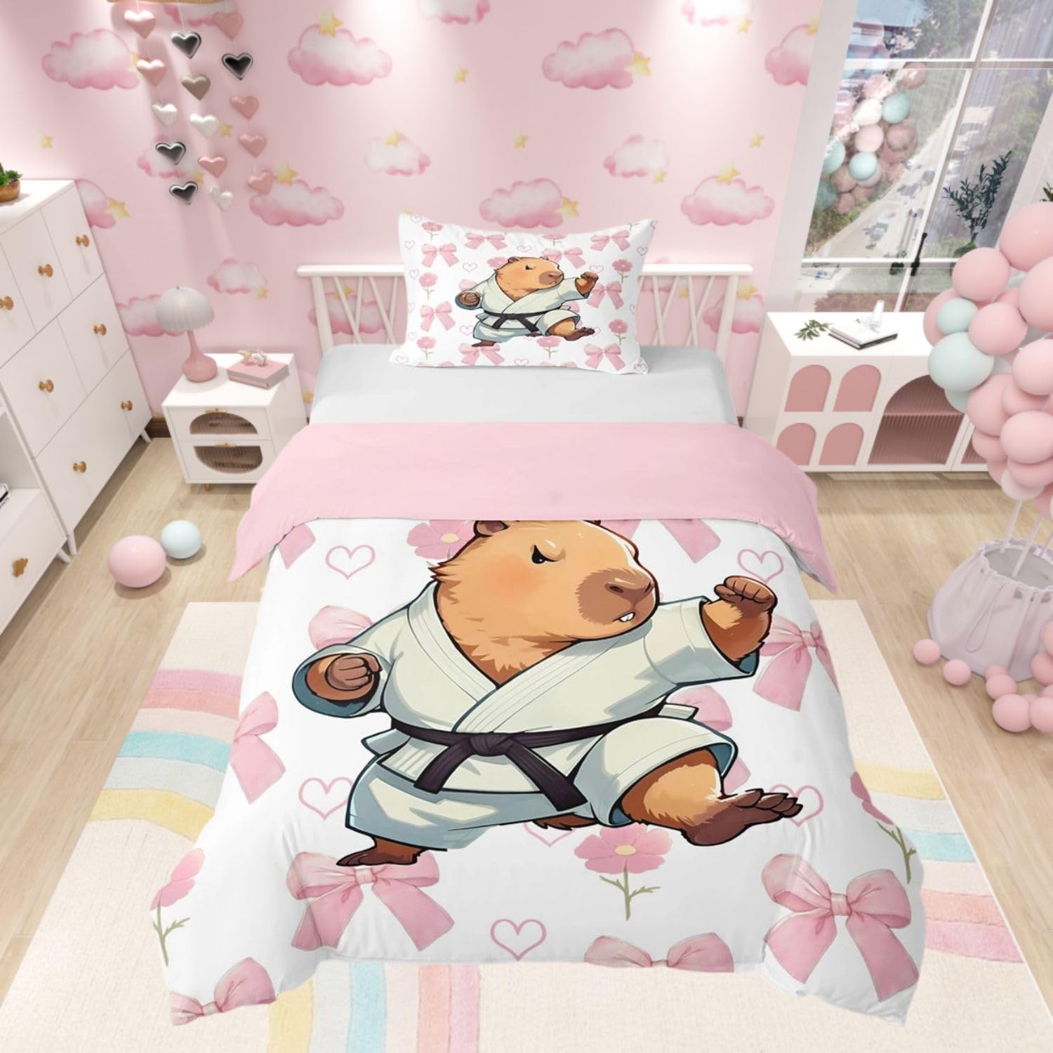 Homewish Karate Capybara Cot Duvet Cover Cute Pink Bow Bedding - Cartoon Capybara Animal Quilt Cover for Kids Girls Teens - Kawaii Bowknot Floral Bed Set with Pink Reverse - 1 Pillowcase