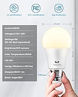 Vista 2 de Foco LED A19, bombillas E26 de 9 W (equivalente a 60 vatios/80 vatios), blanco suave de 3500 K, no regulable, base estándar de 800 lm