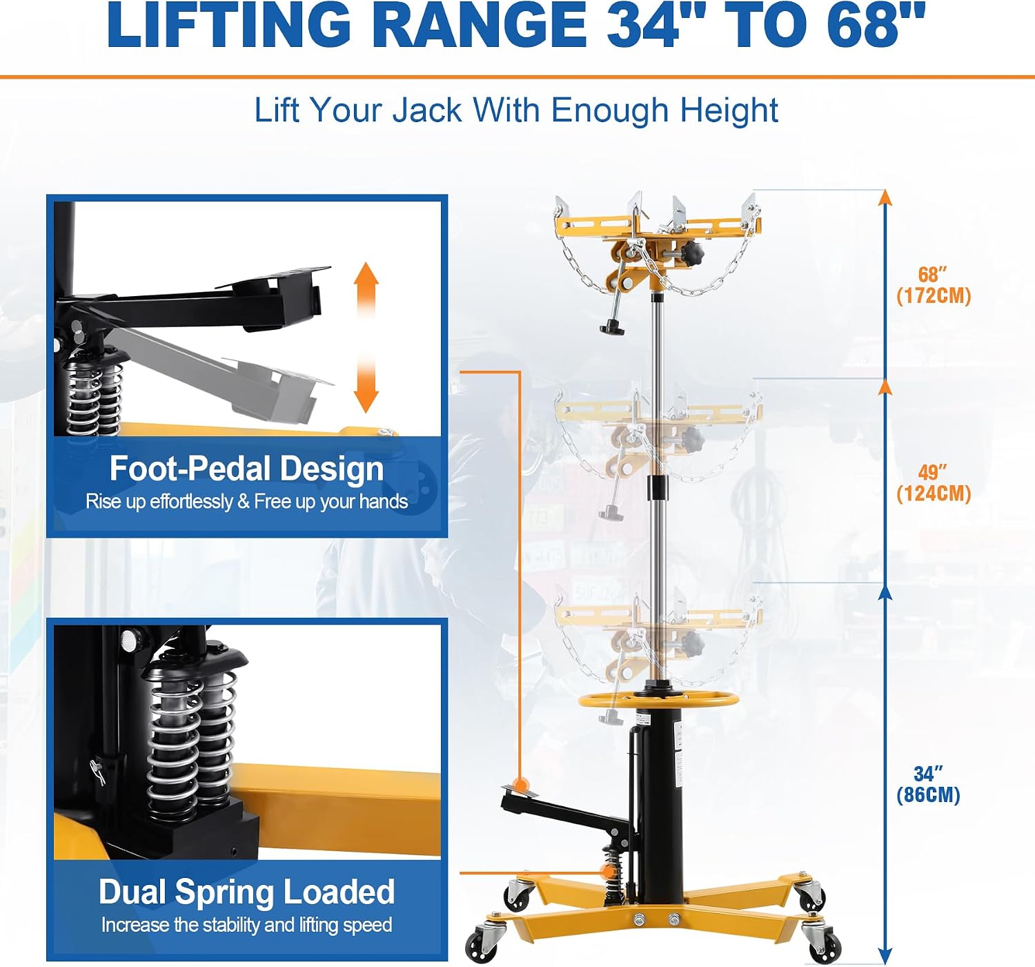 Transmission Hydraulic Jack, 1600lbs / 0.75 Ton 2 Stage Floor Jack Stand, 34" - 68" Adjustable Height Lift Hoist, 360° Swivel Wheels(Yellow)