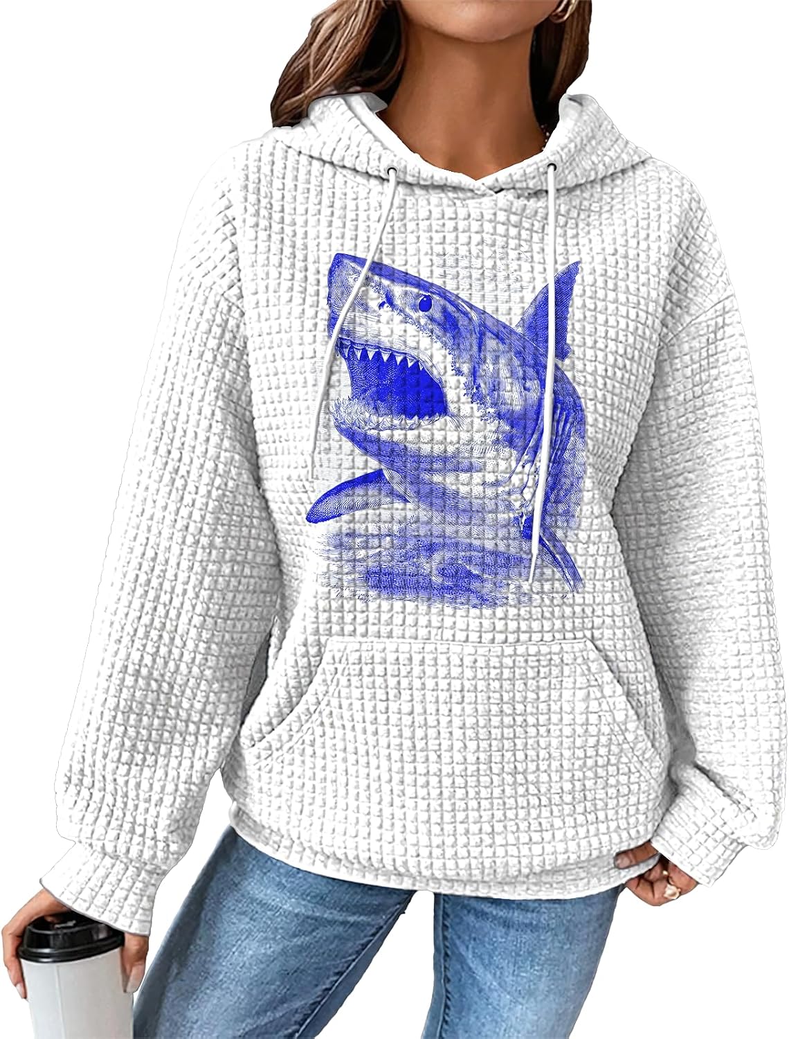 domirica Womens Hooded Sweatshirt Fashion Waffle Crewneck Pullover Long Sleeve Comfy Sweatshirt With Pocket Casual Wear