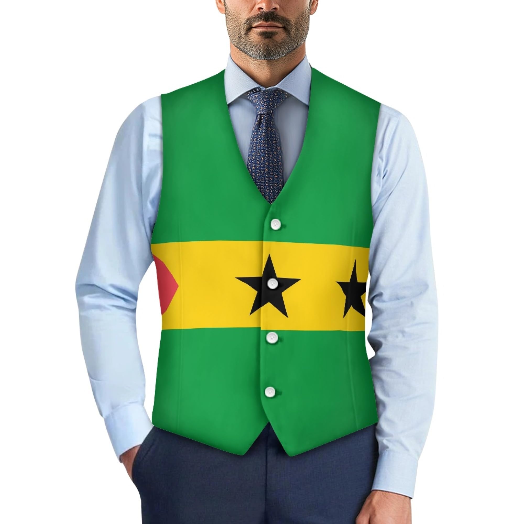 Chalecos De Traje Con Cuello En V Para Hombre Formal De Corte Entallado Chaleca De Vestir De Negocios Chaleco Clásico De Esmoquin Con Estampado De La Bandera De Santo Tomé Y Príncipe Para Fiesta