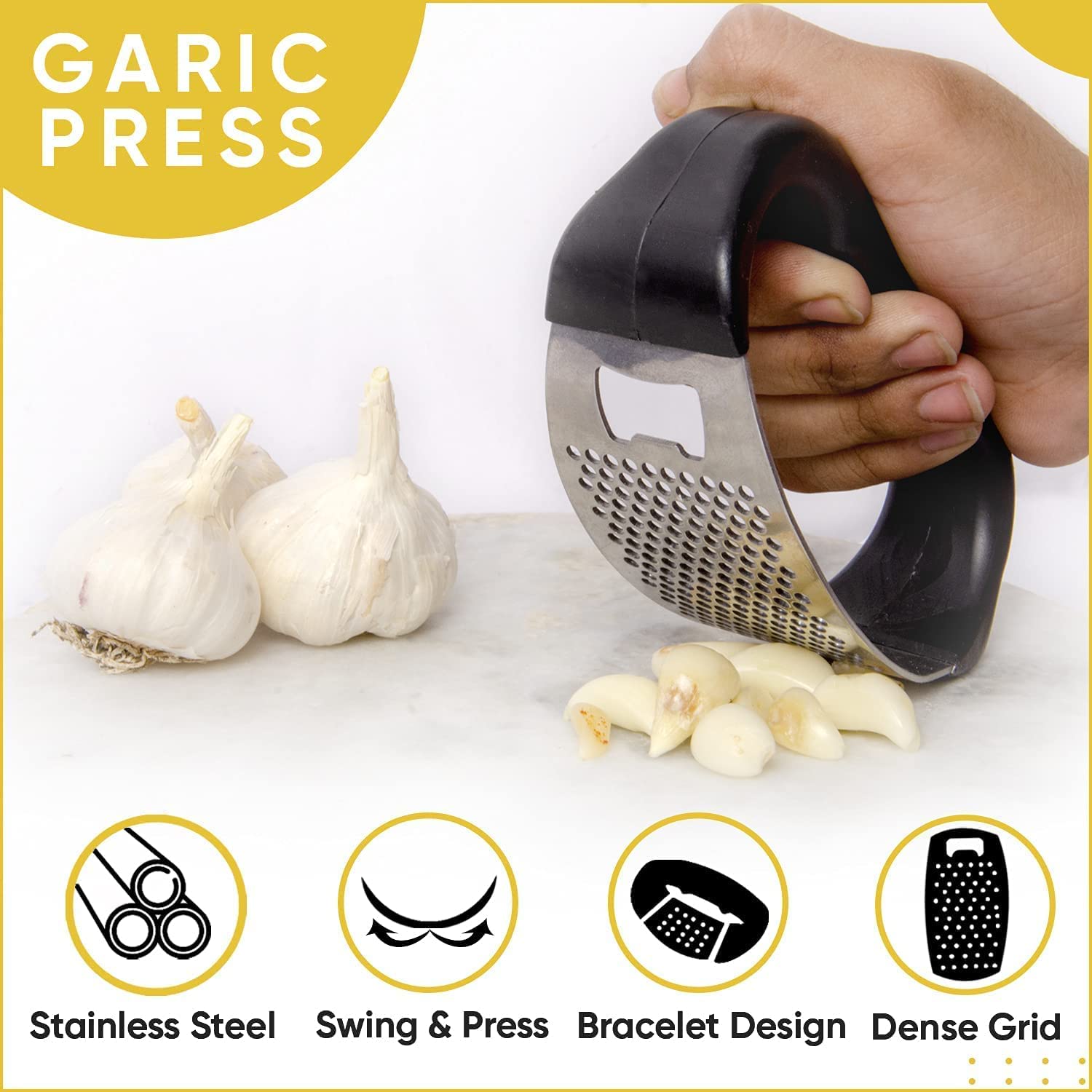 2 in 1 Stainless Steel Garlic Presser & Ginger Crusher/Squeezer/Mincer for Kitchen with Easy Non-Slip Grip Handle