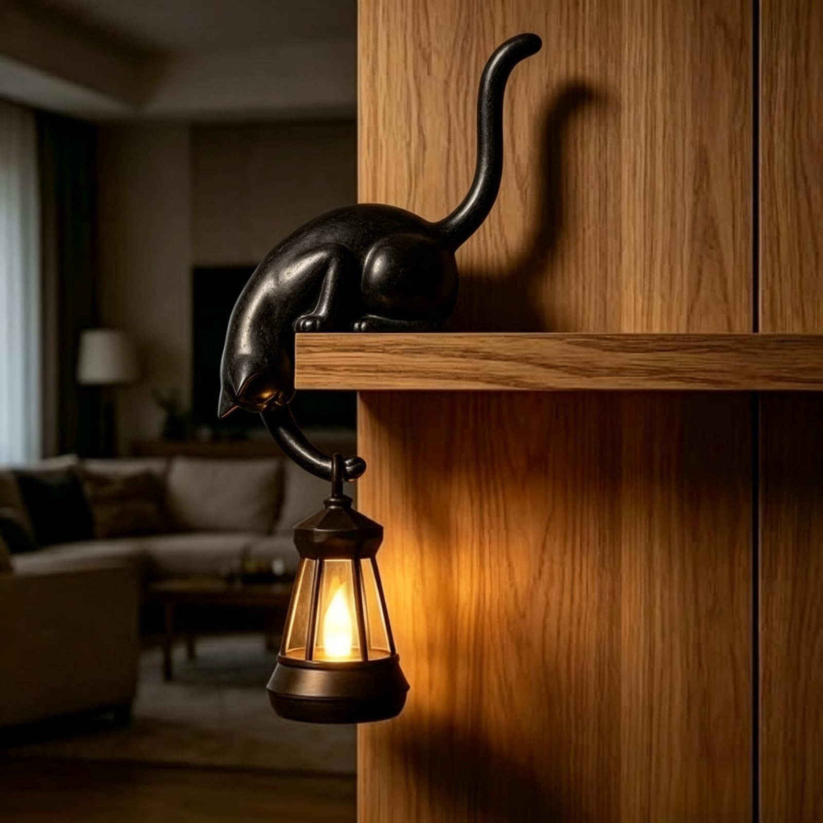 Resin Cat Bookshelf Lantern LED Night Light Warm White Hanging Lamp (B) â image 1