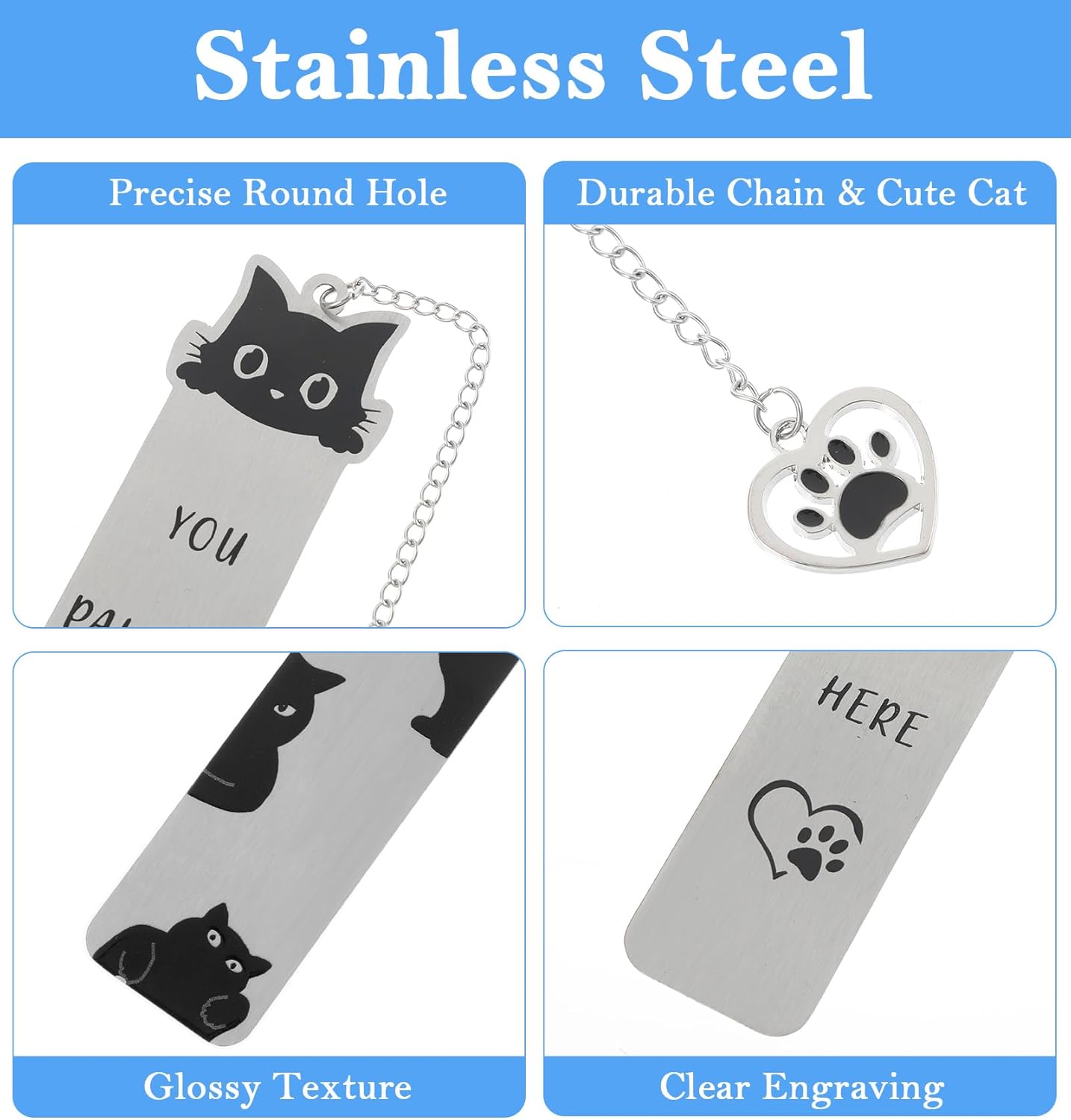 Cat Bookmarks, 2 Pcs Stainless Steel Black Cat Bookmark for Women, Men, Kids, You Paused Here Cute Book Marks for Book Lovers, Birthday, (Silver & Black) - Image 4