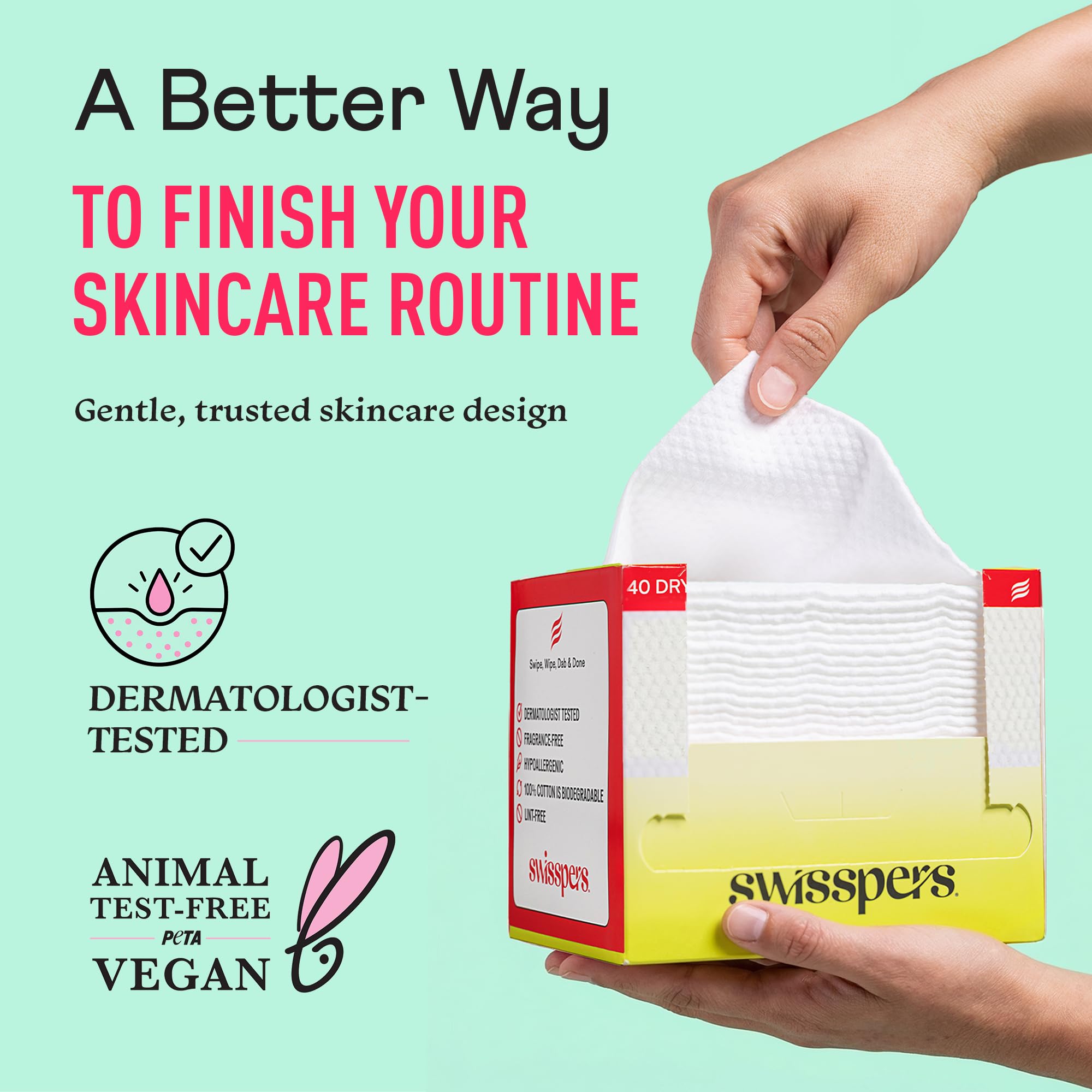 Swisspers Salviette per il viso asciutte in 100% cotone di alta qualità, ipoallergeniche, biodegradabili, con goffratura a pois, salviette struccanti vegane per donne e uomini, 40 pezzi (confezione da