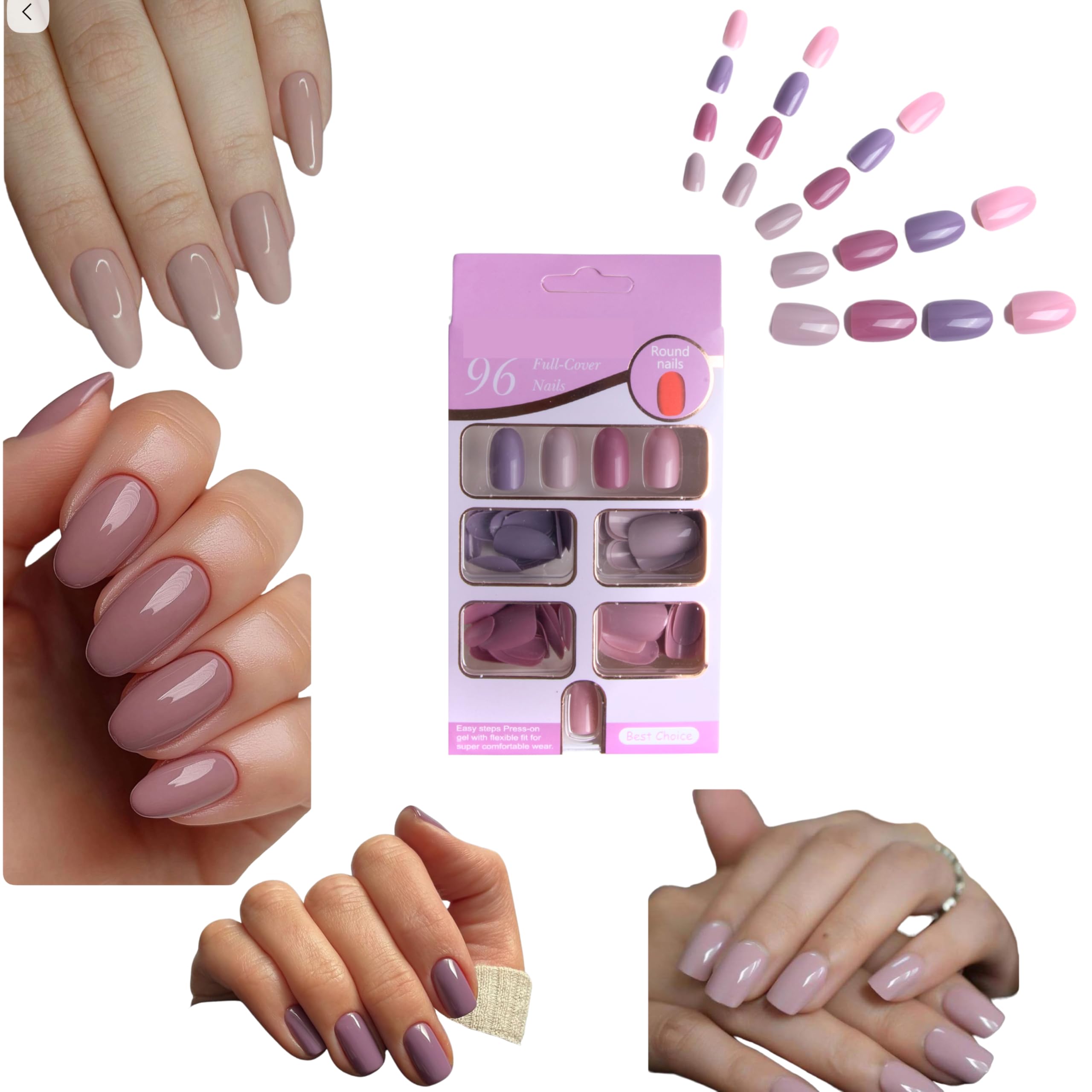 Coslifestore Pack of 96 Press On Nails | Reusable Stick-On & Gel Nail Tips Artificial Fake Nail Extensions for Women & Girls | 4 Color Set – Nude, Pink & Lilac | Ready-to-Use