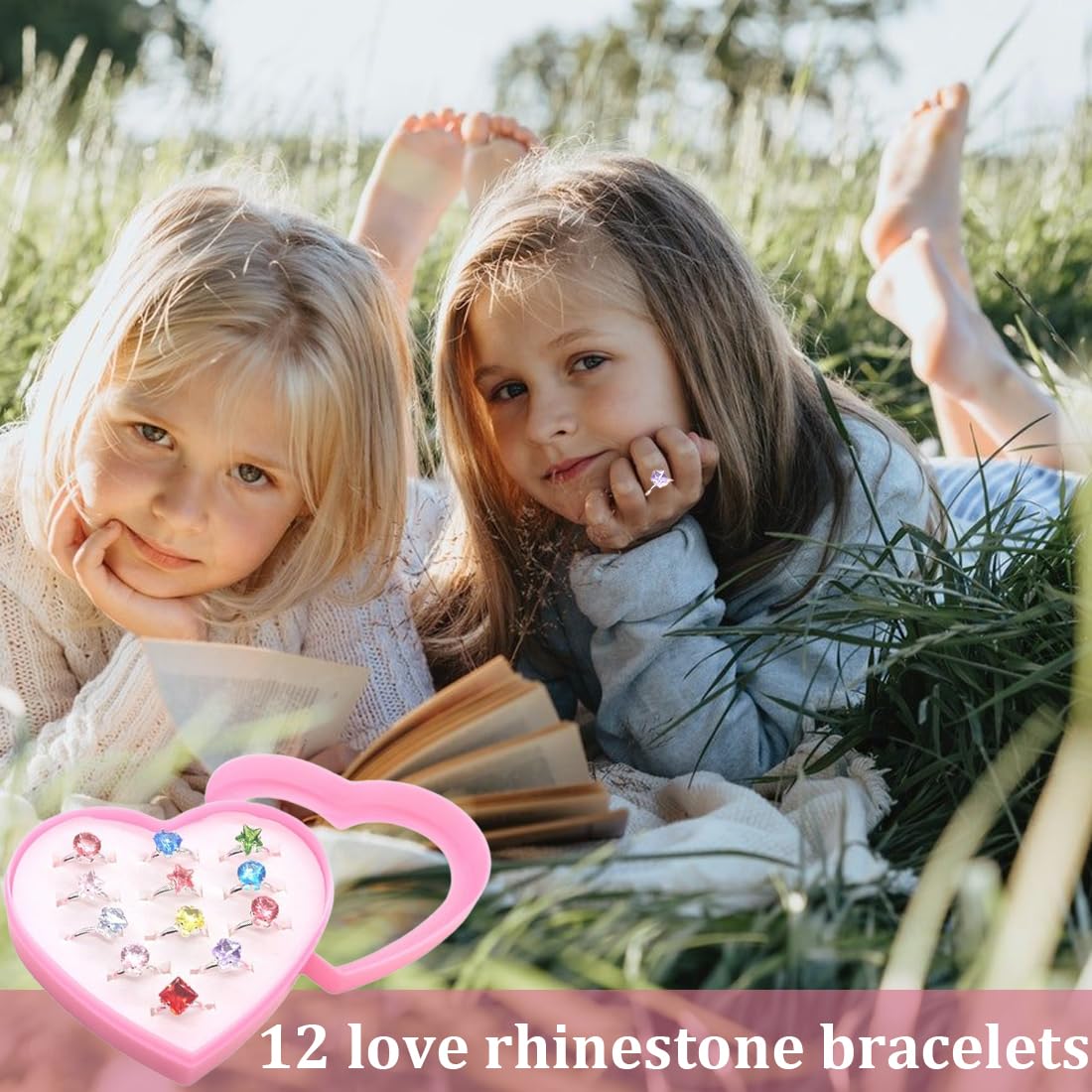 12 Bagues Réglables Princesse Pour Filles - Anneaux Colorés Fantaisie Avec Boîte Cœur, Cadeau Anniversaire Enfant