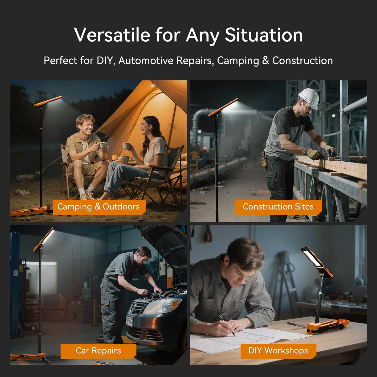 LED Work Light with Stand Foldable Tripod Lighting 1500LM Adjustable Stand for Construction Outdoor, DIY, and Camping - Image 4